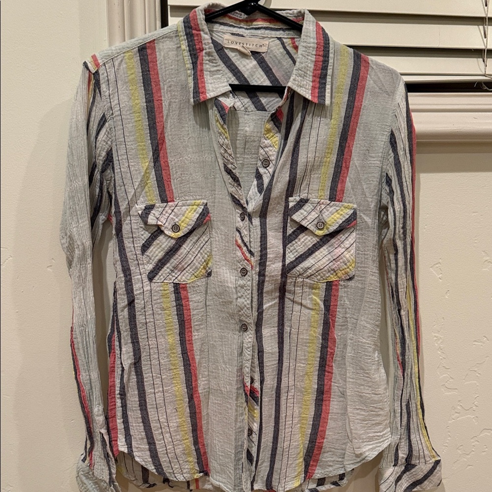 Lovestitch Striped Button Down Shirt - Red, Yellow, Blue